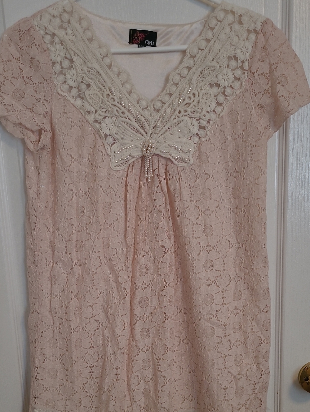 Yumi Cream Lace V-Neck Mini Dress with Embellished Trim